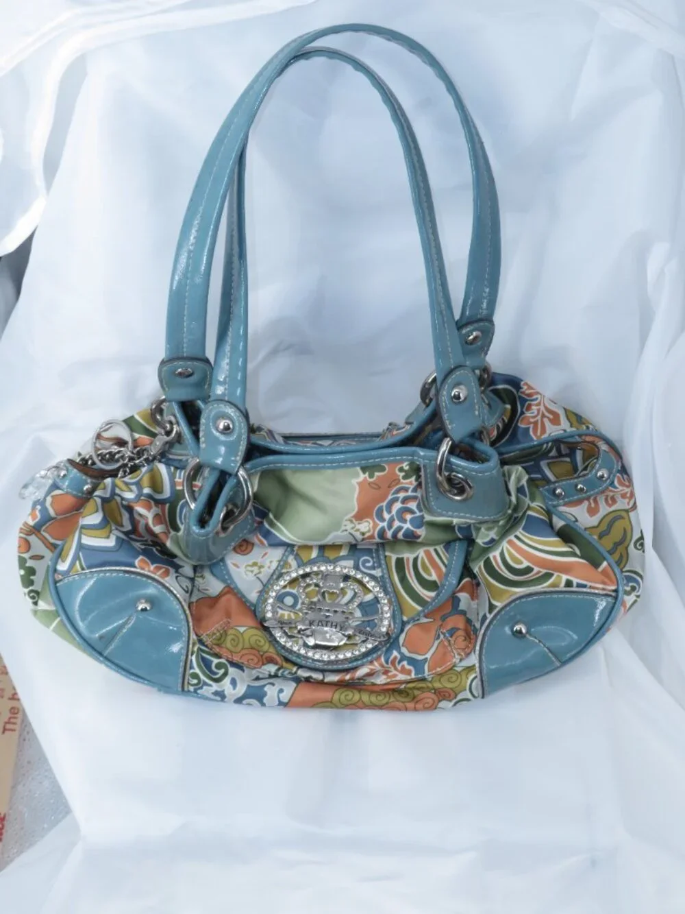 Vintage Kathy Van Zeeland Y2K Floral Hobo Satchel Bag Rhinestone Crown Logo Teal